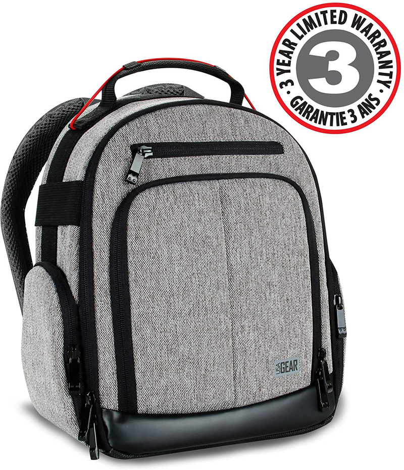 USA GEAR Portable Camera Backpack for DSLR (Gray) with Customizable Accessory Dividers, Weather Resistant Bottom and Comfortable Back Support - Compatible with Canon, Nikon and More