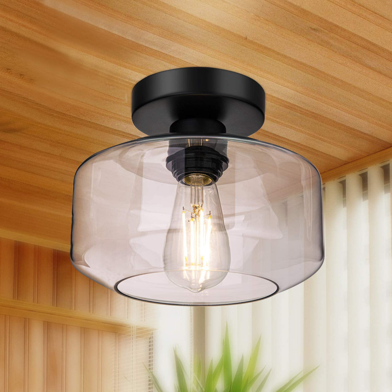 Semi Flush Mount Ceiling Light, 750 Lumen LED Bulb Included, Ceiling Light Fixture, Farmhouse Light Fixture with Clear Glass Lamp Shade for Bedroom Hallway Dining Room Bathroom Corridor Passway