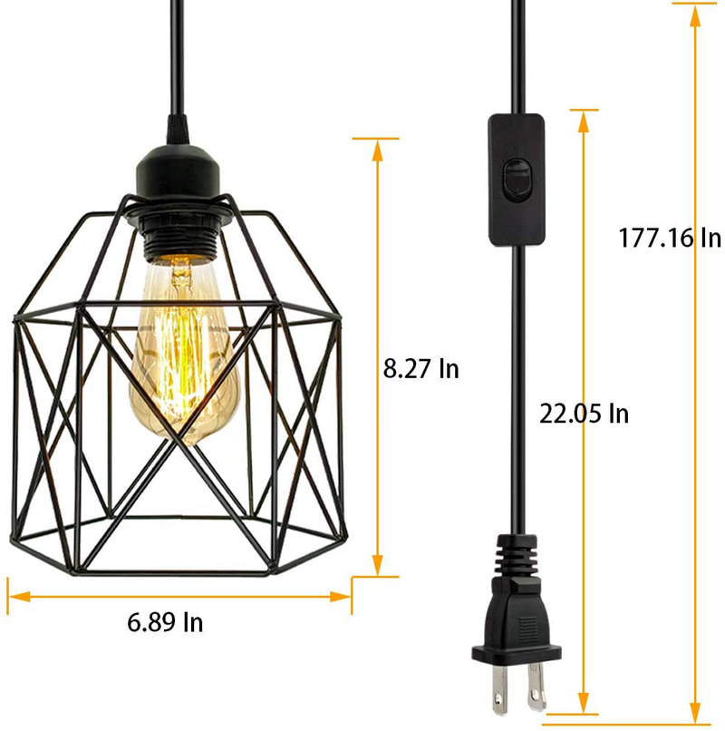Industrial Plug in Pendant Light, Black Cage Pendant Light Fixture with On/Off Switch, E26 Socket Vintage Hanging Light, Farmhouse Pendant Lighting for Kitchen Living Room Dining Room
