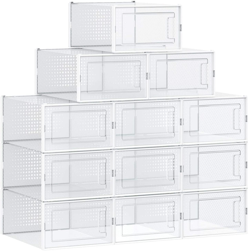 SONGMICS Shoe Boxes, Pack of 12 Shoe Storage Organizers, Stackable Clear Plastic Boxes for Closet, Sneakers, 9.1 X 13.1 X 5.5 Inches, Fit up to US Size 8.5, Transparent and Black ULSP006B12