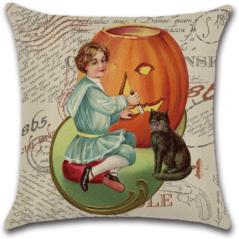 Halloween Throw Pillow Covers 18x18 Set of 4, Vintage Halloween Decor Pumpkin Cat Halloween Pillows Decorative Throw Pillows Farmhouse Pillow Cases for Couch Sofa