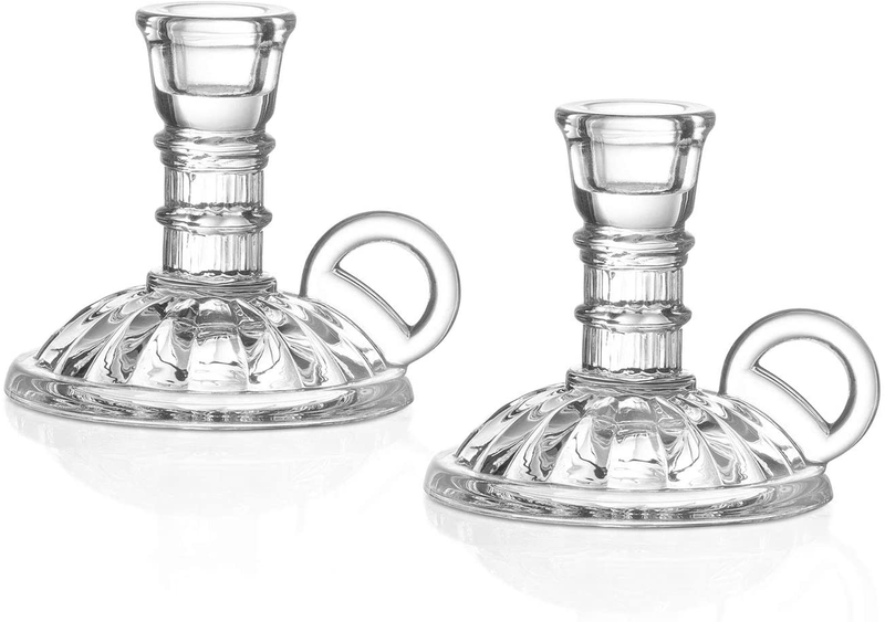 Glass Chamberstick Candle Holder - Antique Candlestick Style with Handle, Fits Standard Taper Candles, 4 Inch Tall, Clear Glass, Fall/Thanksgiving Centerpiece, Vintage Window Decoration - Set of 2