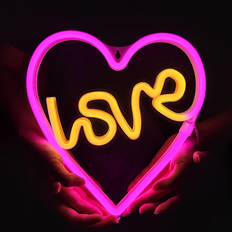 Neon Signs, LED Love in Heart Neon Sign, Battery or USB Powered Romantic Love Heart Neon Light for Bedroom Wall Decorations Art Dating Wedding Party Christmas Valentine'S Day Kids Gift Pink+Yellow