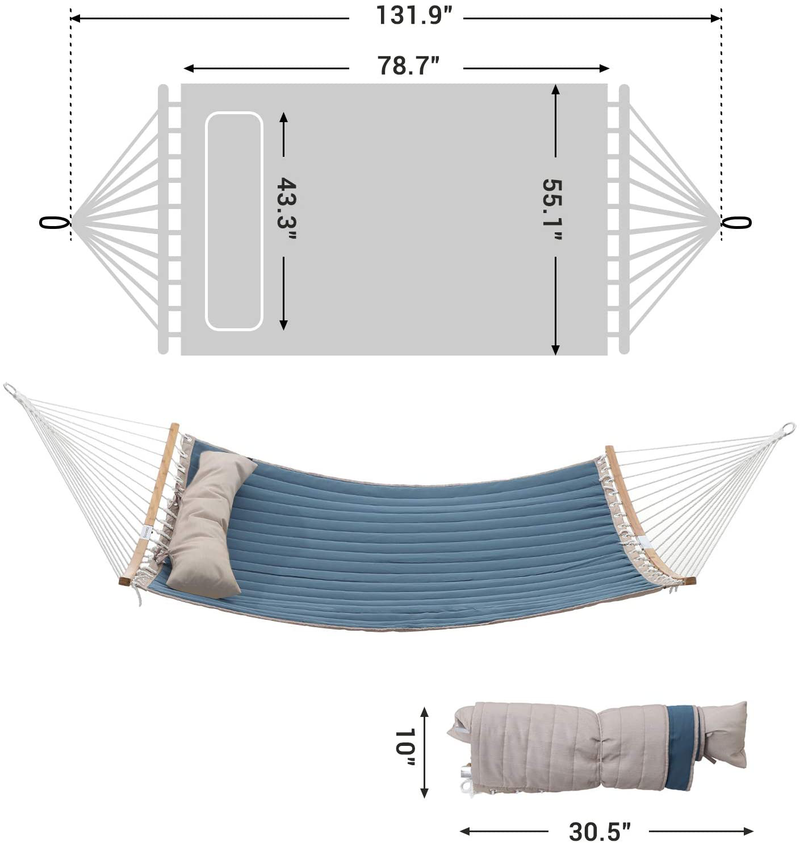SONGMICS Hammock, Padded Double Hammock, Quilted Hammock with Hanging Straps, Detachable Curved Spreader Bars, Pillow, 78.7 x 55.1 Inches, Load Capacity 495 lb, Blue and Beige UGDC034I01
