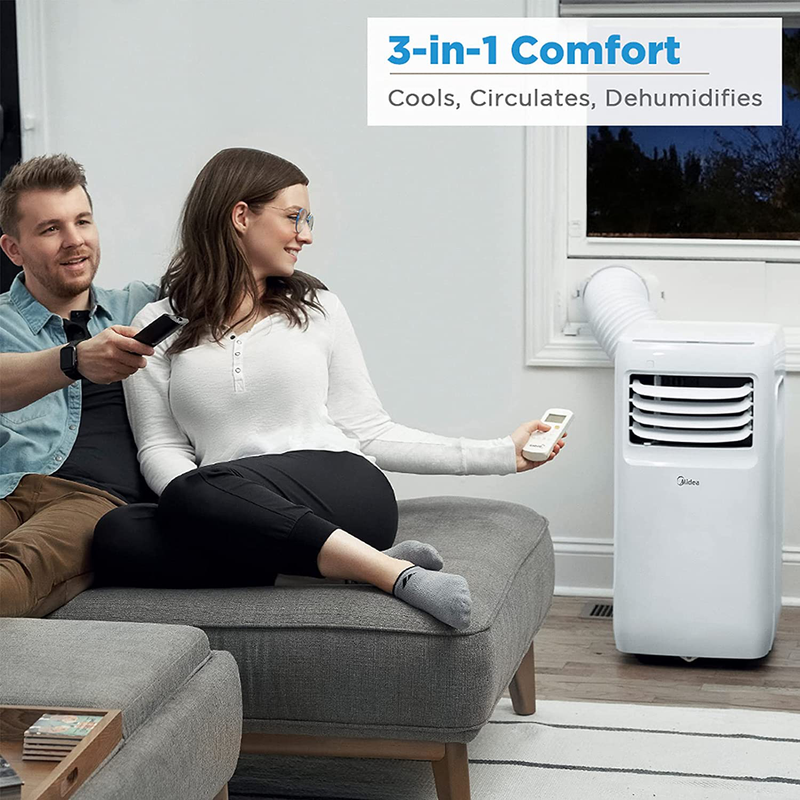 Midea MAP08R1CWT 3-in-1 Portable Air Conditioner, Dehumidifier, Fan, for Rooms up to 150 sq ft, 8,000 BTU (5,300 BTU SACC) control with Remote , White