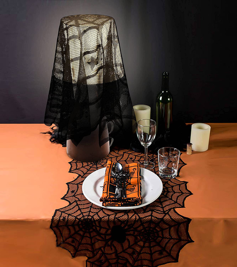 Halloween Decorations 6 Props Table Decor, Spider Web Tablecloth, Cobweb Mantel Scarf and Table Runner, 3D bats Stickers, Stretchy Cobwebs Pack with Spiders, Home Decor for Party Office Sago Brothers