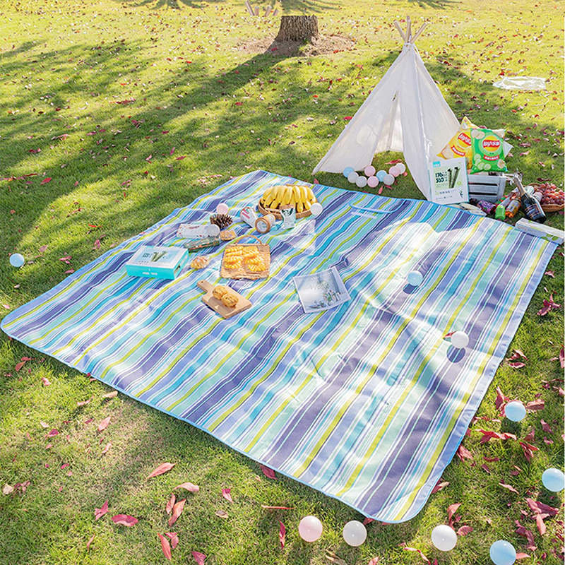 Picnic Blanket Waterproof for 6-8 Adults | 79"x79" Extra-Large Picnic Blankets for Lots of Occasions | Water and Sand Proof Backing is Easy to Clean and Maintain | Park or Beach (Blue Stripes)