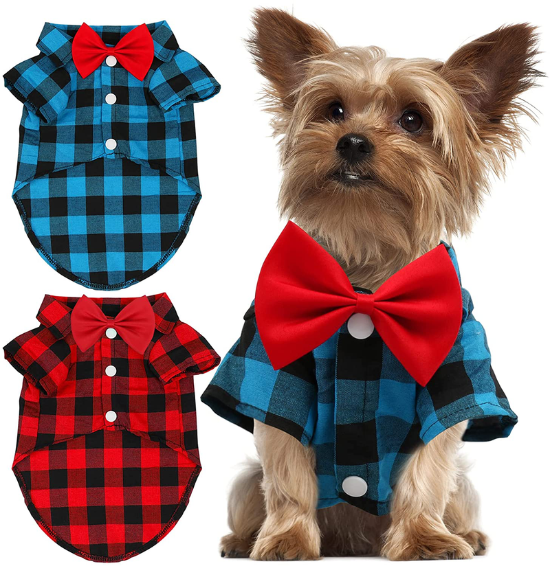 GINDOOR 2 Pack Plaid Dog Shirt - Valentines Cute Boy Dog Clothes and Bow Tie Combo Dog Outfit for Small Medium Large Dogs Cats Birthday Party and Holiday Photos
