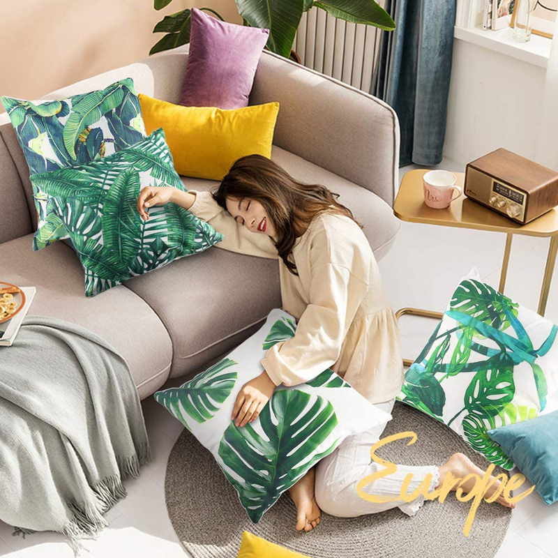 JOHOUSE 4 PCS Tropical Leaves Pillow Covers, Cotton Linen Decorative Summer Green Leaf Throw Cushion Cover for Sofa Bed Car Couch and Summer Party Favor,18X18Inch