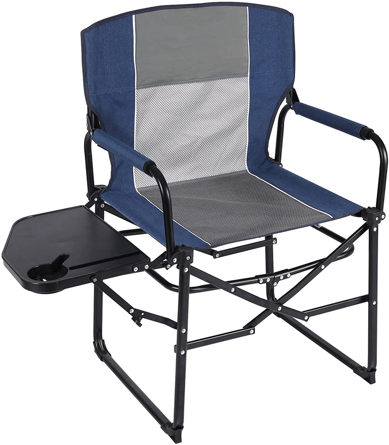 REDCAMP Folding Camping Chairs with Side Table, Sturdy Steel Portable Compact Outdoor Camp Director Chairs for Adults Heavy Duty, Black Blue Grey (Black 2-Pack)