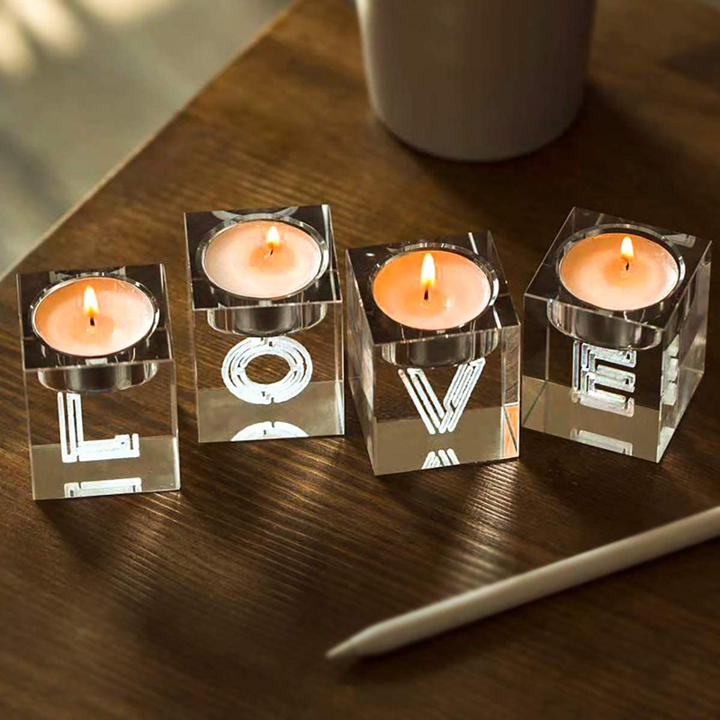 Le Sens Amazing Home Decorative Word Sign Hope Cube Crystal Candle Holder Set of 4 - Solid Square Clear Glass Table Centerpiece - Elegant Votive Tealight Candlestick for Wedding & Home Decoration