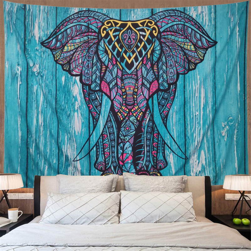 Elephant Tapestry Vintage Blue Old Wooden Plank Tapestry Wall Hanging Bohemian Mandala Tapestry Psychedelic Wall Tapestry Watercolor Hippie Indian Tapestry Decor(Blue Elephant,51.2" × 59.1")