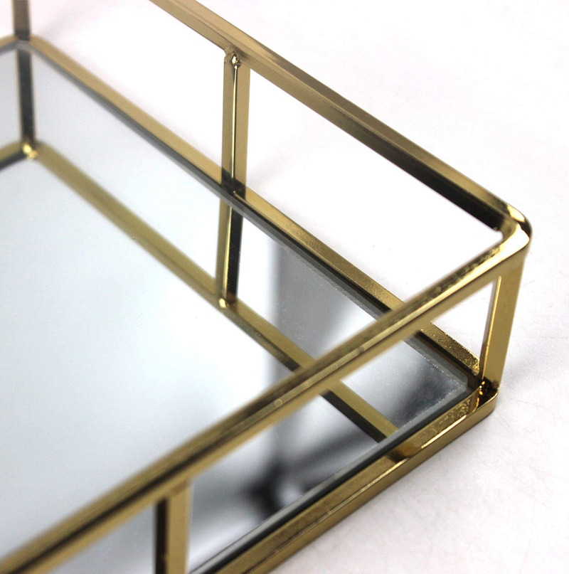JollyCaper Gold Mirror Vanity Tray | Vintage Vanity Tray for Dressers in Rectangle Design | Jewelry, Perfume, Makeup Organizer | Decorative Metal Vanity Tray | Size 12x8x2 inch