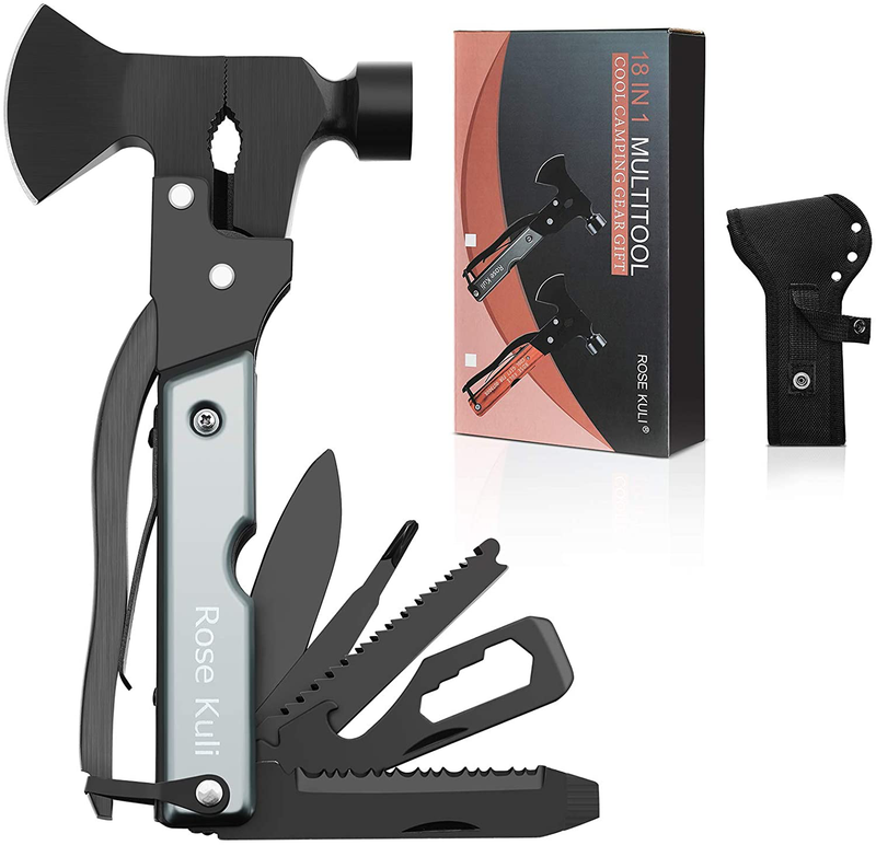 Rose Kuli Multitool Camping Accessories Gifts for Men Dad, 18 in 1 Survival Compact Hatchet Multi Tools with Knife Axe Hammer Saw Screwdrivers Pliers Bottle Opener for Hunting Hiking Fishing