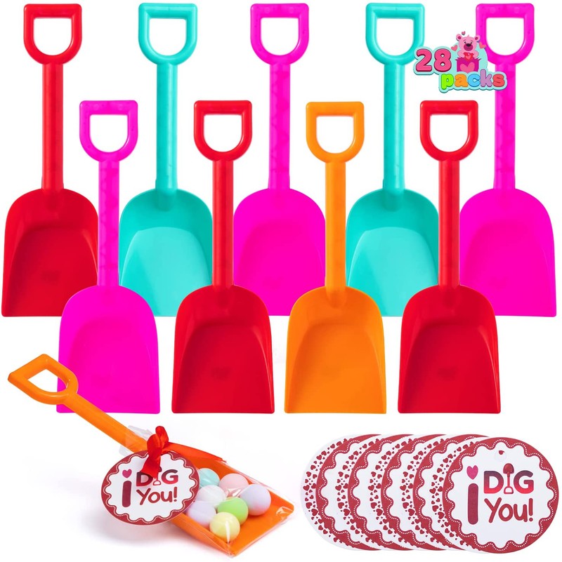 JOYIN 28 Pcs Toy Plastic Shovels 30 Valentines PE Bags, 28 Card Sheets I Dig You Valentine Stickers with 1 Roll Red Ribbon for Kids Valentines Day, Love Day Party Decor and Valentines Day Gifts