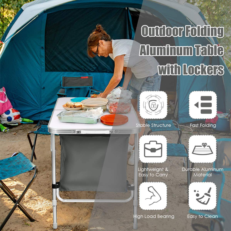 Goplus Folding Camping Table with Storage, 2-Level Adjustable Height, Outdoor Aluminum Lightweight Portable Foldable Picnic Table for Camp, Beach, BBQ and Party