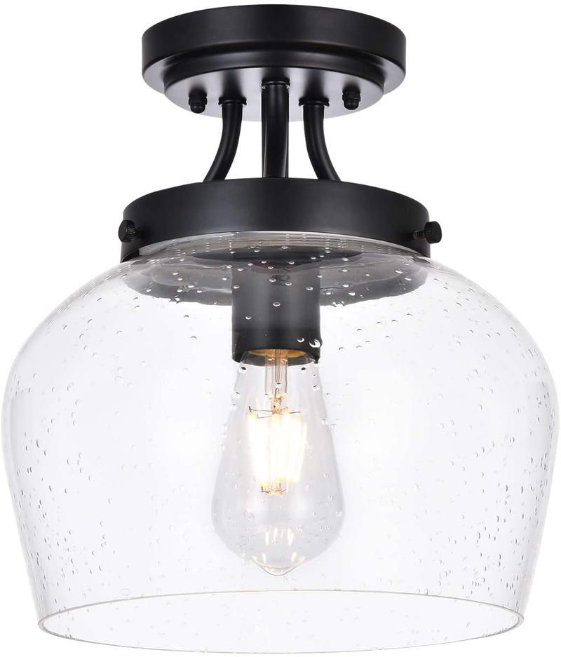 KRASTY Industrial Farmhouse Seeded Glass Matte Black Semi-Flush Mount Ceiling Light Ceiling Lighting Fixtures with Seeded Glass Shade for Hallway Kitchen Dinning Room Bedroom Living Room 10.5"H