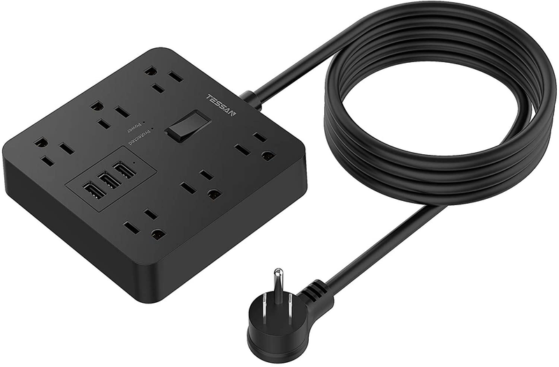Power Strip with USB, TESSAN Desktop 5 Ft Extension Cord Flat Plug with 6 Widely Spaced Outlets, Built-in 1700J Surge Protector for Home and Office Accessories, Black