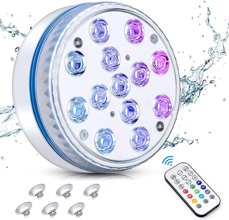 Pecsosso Submersible LED Pool Light,Upgraded IP68 Waterproof Pool Light Underwater with Remote RF, 4 Magnets,4 Suction Cups,13 Extra Bright LEDs, 16 RGB Dynamic Color (4 PCS)