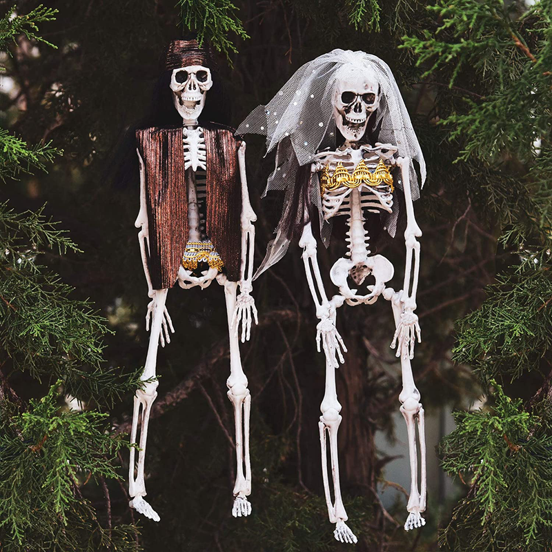 FUN LITTLE TOYS 2 Packs 15.7 Inches Halloween Hanging skeletons, Pirate Skeleton, Bride Groom in Wedding Dress and Suit, Outdoor Indoor Yard Patio House Decor