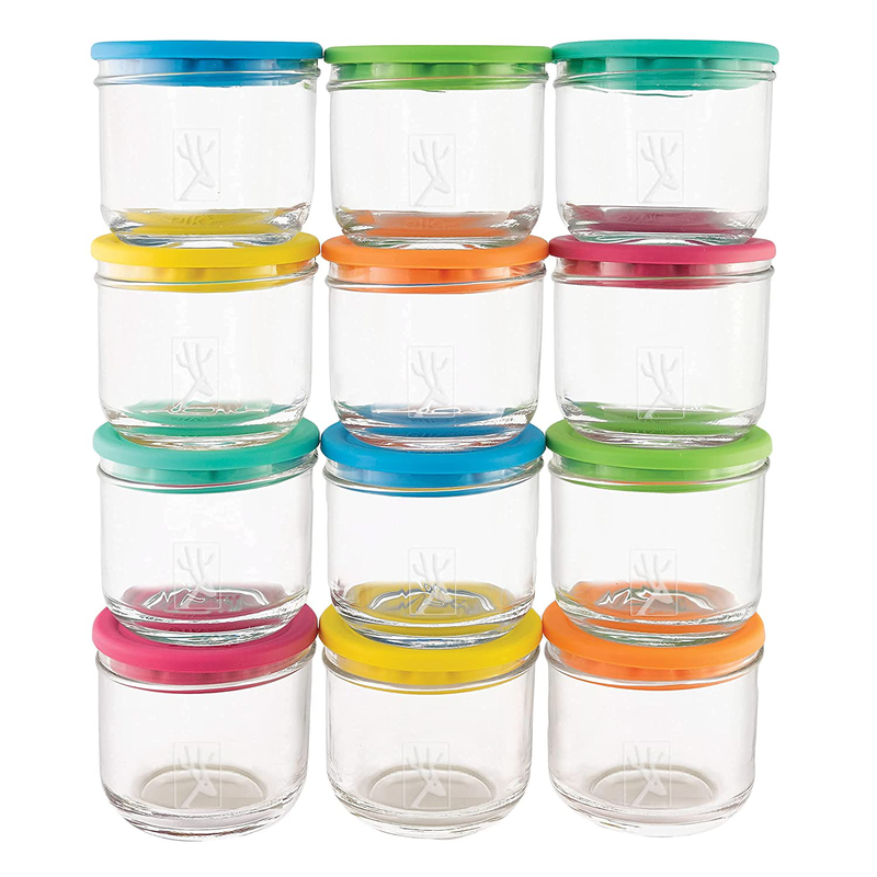 Elk and Friends 5oz Borosilicate Glass Baby Food Storage Jars with Silicone Lid | Available in 12 or 6 Set | Strong Glass Storage Containers | Microwave, Oven & Dishwasher Safe | Infant and Babies