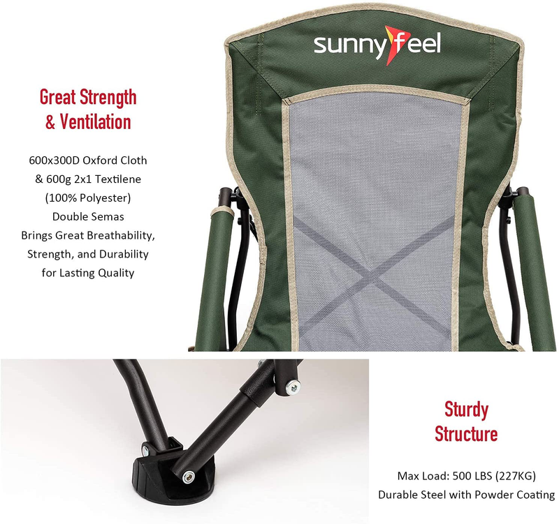 SUNNYFEEL Folding Camping Chair, Low Beach Chair Lightweight with Mesh Back,Cup Holder,Side Pocket,Padded Armrest,Sling, Portable Camp Chairs for Outdoor Picnic Fishing Lawn Concert (Green)