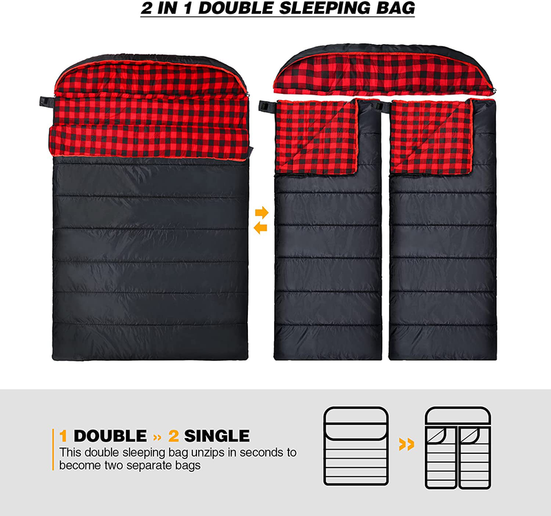 REDCAMP Double Sleeping Bag for Adults, 2 Person Cold Weather Queen Size Flannel Sleeping Bags for Camping, Black/Navy Blue