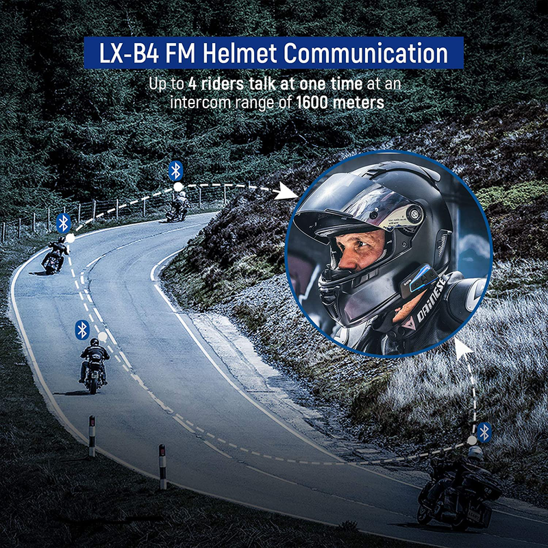 LEXIN 1pc LX-B4FM Motorcycle Intercom, Universal Helmet Communication System up to 4 Riders, Waterproof Motorcycle Bluetooth Headset with 1600m Range for Snowmobile Off-Road