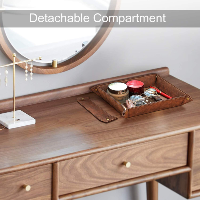 SITHON Valet Tray Desktop Storage Organizer – Removable 2 Compartments Catchall Tray Bedside Vanity Tray Nightstand Caddy Holder Desk Storage Plate for Remote Controller/Keys/Phone/Jewelry, Brown