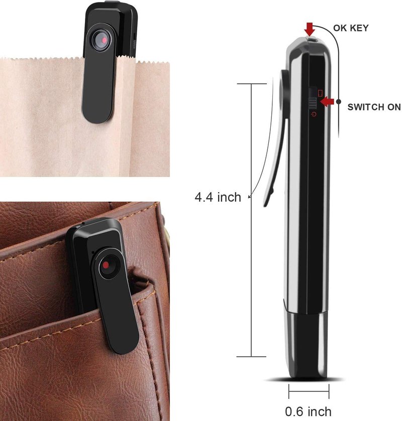 ehomful Body Camera HD 1080P Wearable Mini Hidden Spy Pen Camera Portable Cop Pocket Cam Convert Video Recorder USB/One Key Fast Record Police Body Cameras for Home/Office (No Need Charging Cable)