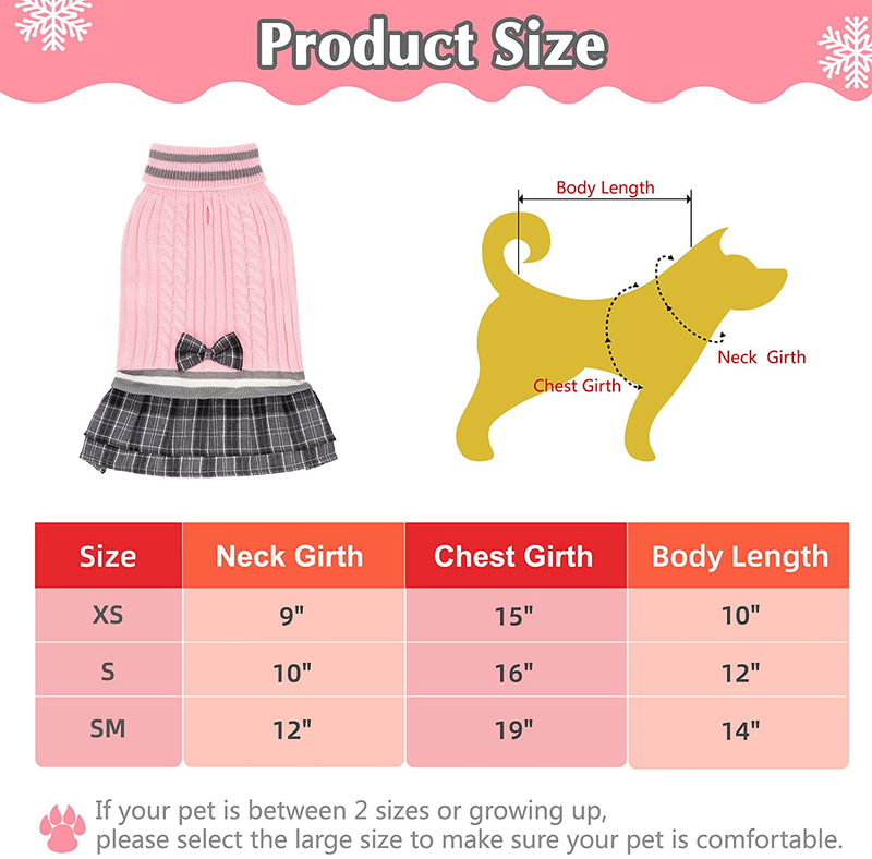 Dog Sweater Dress Plaid Dress with Bowtie - Dog Turtleneck Pullover Knitwear Cold Weather Sweater with Leash Hole, Suitable for Small Medium Dogs Puppies