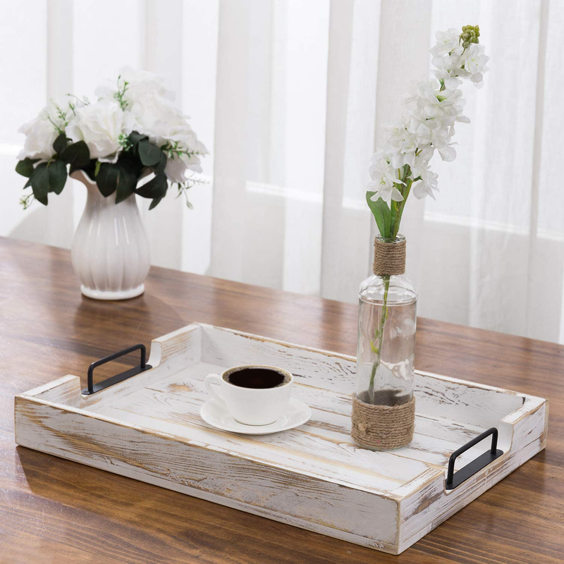 MyGift 20-inch Shabby Chic Whitewashed Solid Wood Serving Tray with Black Metal Handles