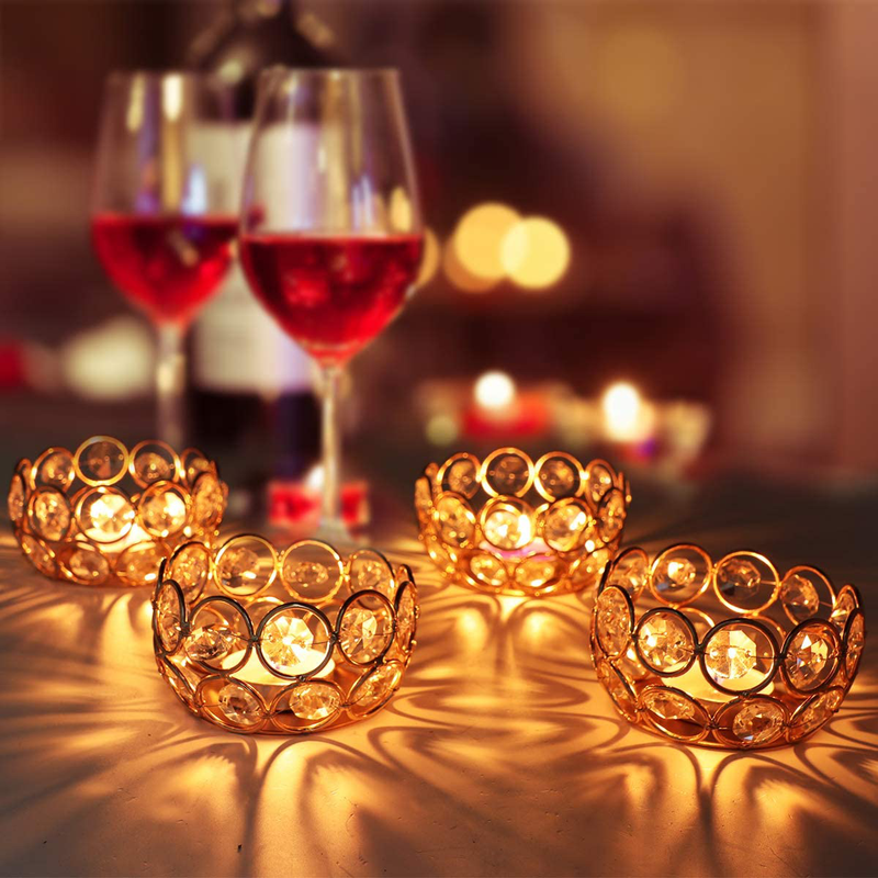 DUOBEIER 12pcs Gold Votive Candle Holders -Round Gold Crystal Tea Light Candle Holder Bulk - Ideal for Wedding, Party & Home Decor