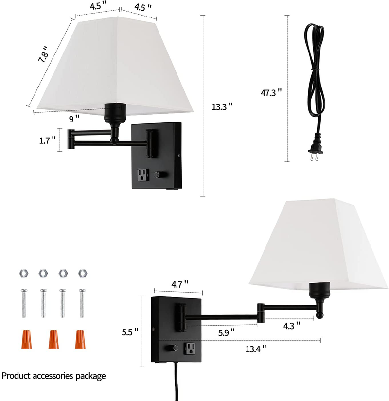 Plug in Wall Light ,Swing Arm Wall Sconces, Modern Wall-Mounted Lamp with Dimmable Switch and USB Port for Bedroom, Living Room ,Black