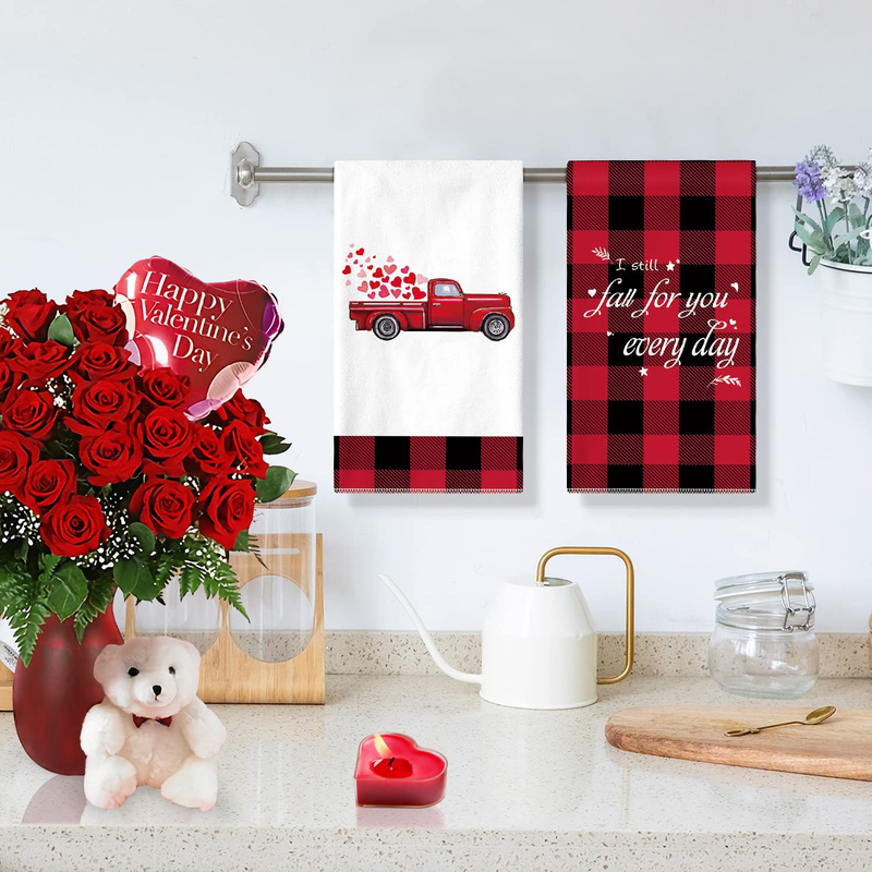 Siilues Valentines Day Kitchen Towels, Valentines Kitchen Towels Valentines Kitchen Decor 18 X 28 Inch Kitchen Towels Red Truck Buffalo Plaid Kitchen Towels for Drying Dishes Cooking Baking Set of 2