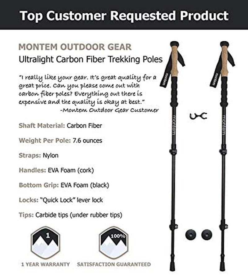 Montem Ultra Light 100% Carbon Fiber Trekking, Walking, and Hiking Poles - One Pair (2 Poles) - Ultra Light, Quick Locking, and Ultra Durable