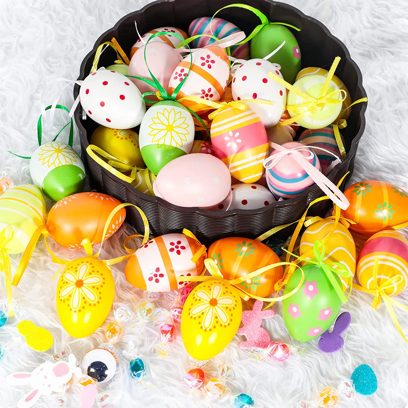 Garma 36 PCS Easter Hanging Plastic Eggs Colorful Easter Eggs Painted Ornaments with Bow, Easter Tree Ornaments Decor for DIY Crafts Party Favor Home Decor Easter Day Gifts (NOT Random Style)