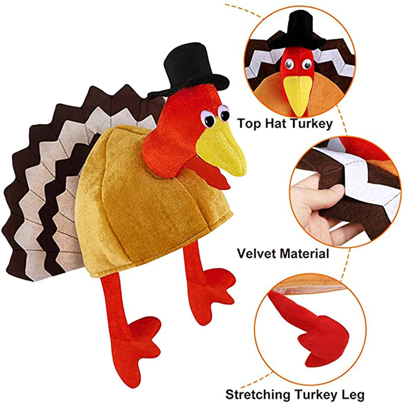 Novelty Xmas Turkey Thanksgiving Hat with Head Legs and Tail Fancy Dress Accessory Plush Hat for Christmas Costume Party and Holiday Event
