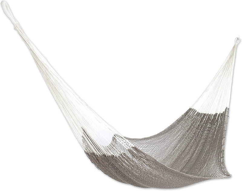 NOVICA Grey Hand Woven Cotton Mayan 1 Person Rope Hammock with Hanging Accessories, Ashen Beach' (Single)