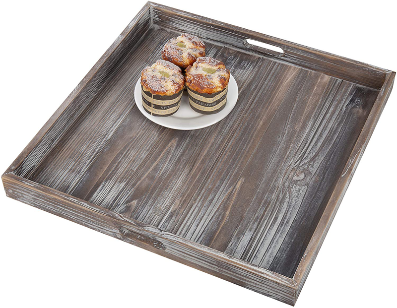 MyGift 19-Inch Square Rustic Torched Wood Ottoman Tray, Serving Tray for Breakfast in Bed, Tea, Coffee with Cutout Handles