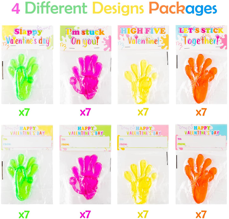 Haooryx 28 Pack Valentine’S Day Cards with Sticky Hands for Kids, Glitter Sticky Hand Valentines Greeting Cards Stretchy Snap Toys for Classroom Gift Exchange Party Favor Toys Bulk Stocking Stuffers