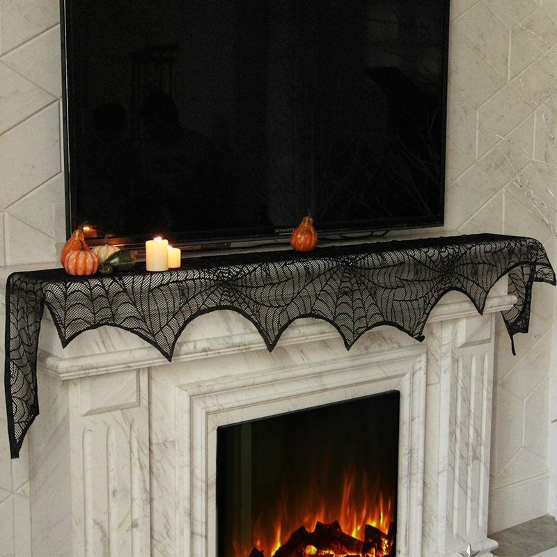 Lulu Home Halloween Fireplace Decorations, Fireplace Mantle Scarf Cover and Table Cloth, Black Lace Spider Web for Table, Door, Window and Fireplace Decoration, Halloween Decoration
