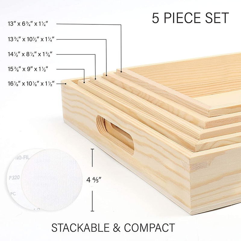 LotFancy 5PC Wooden Nesting Serving Trays, Unfinished Natural Wood Trays with Handles, for Craft and Decor, Food Organizer for Breakfast, Lunch, Dinner