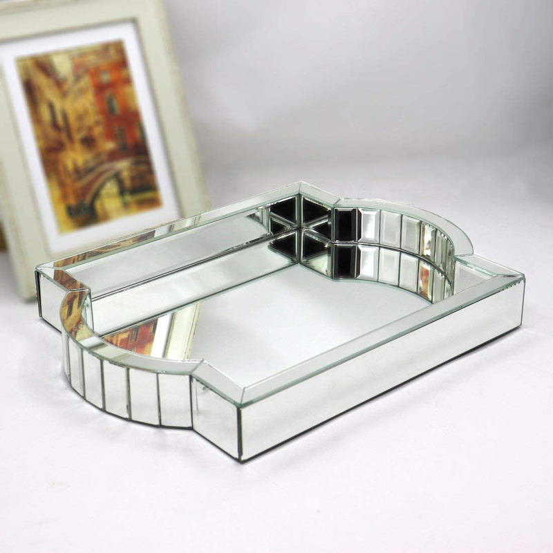 Silver Mirror Tray Decorative Mirror Organizer Arc-Shaped Mosaic Mirror Handle Vanity Tray Coffee Table Serving Tray Dressing Table Jewelry Makeup Tray