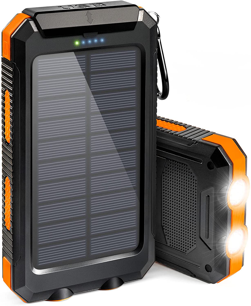Solar Charger, 20000Mah Portable Outdoor Waterproof Solar Power Bank, Camping External Backup Battery Pack Dual 5V USB Ports Output, 2 Led Light Flashlight with Compass (Blue)