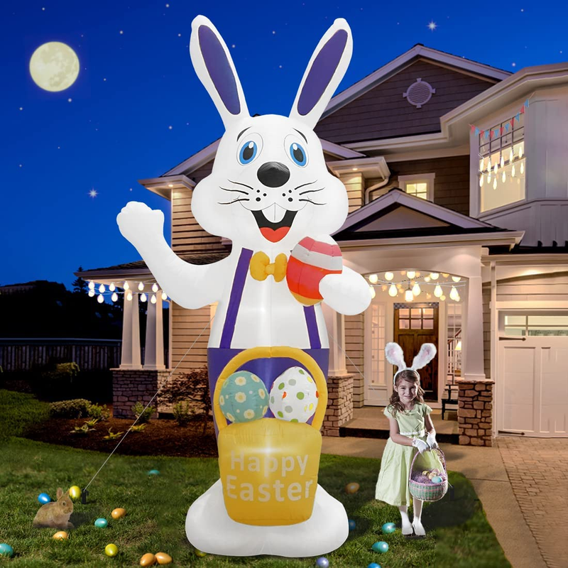 HOPOCO 12 FT Easter Decorations Outdoor Inflatables Easter Bunny Holds a Eggs and Easter Eggs Basket, Built-In LED Lights Holiday Blow up Yard Decoration Clearance for Garden, Lawn, Party
