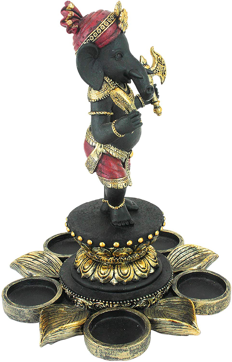 Design Toscano QS29200 Standing Lord Ganesha on Lotus Flower Hindu Elephant God Statue Candle Holder, 10 Inch, Black, Red and Gold