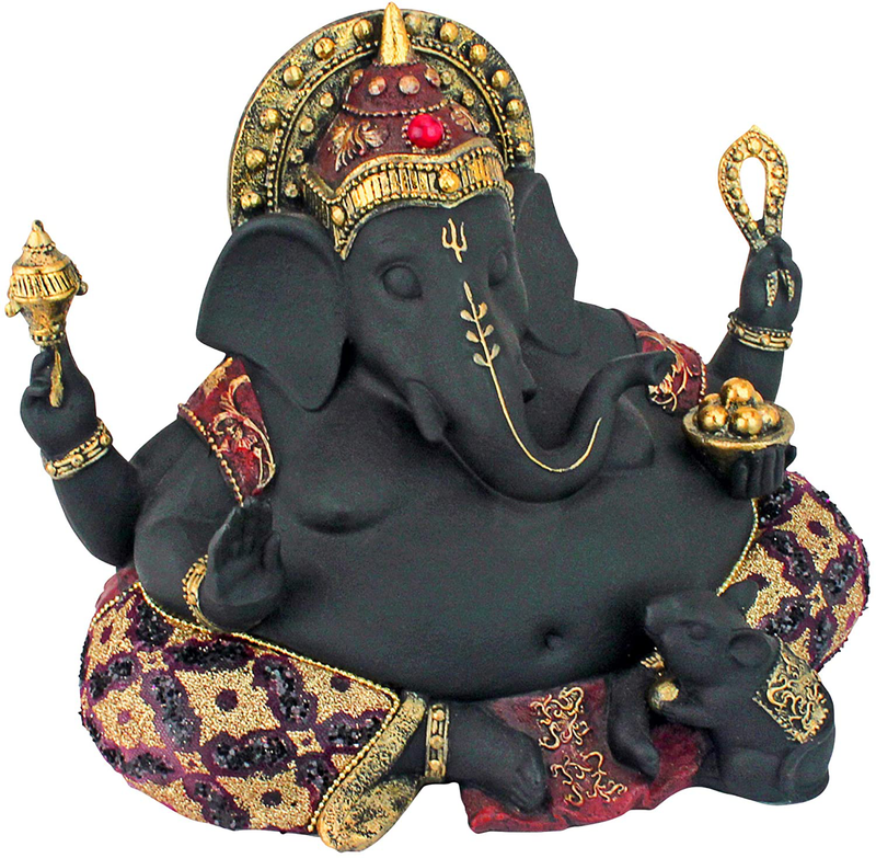Design Toscano QS29200 Standing Lord Ganesha on Lotus Flower Hindu Elephant God Statue Candle Holder, 10 Inch, Black, Red and Gold