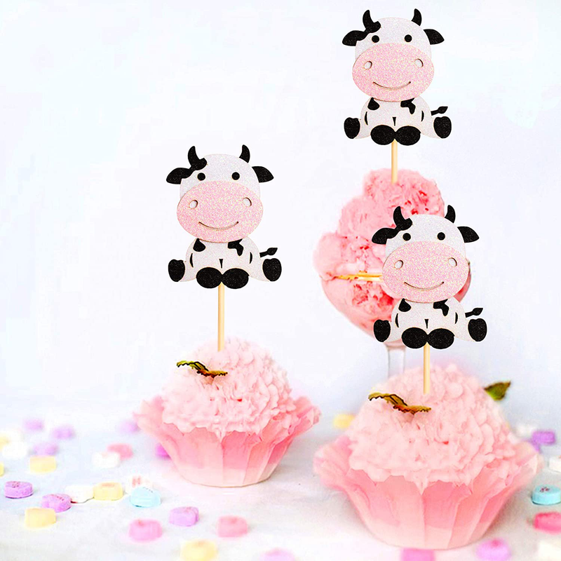 Keaziu 24 Pack Cow Cupcake Toppers Happy Birthday Cupcake Decorations for Cow Farm Animal Zoo Themed Kids Boy Girl Birthday Party Supplies Three Layers Party Decor