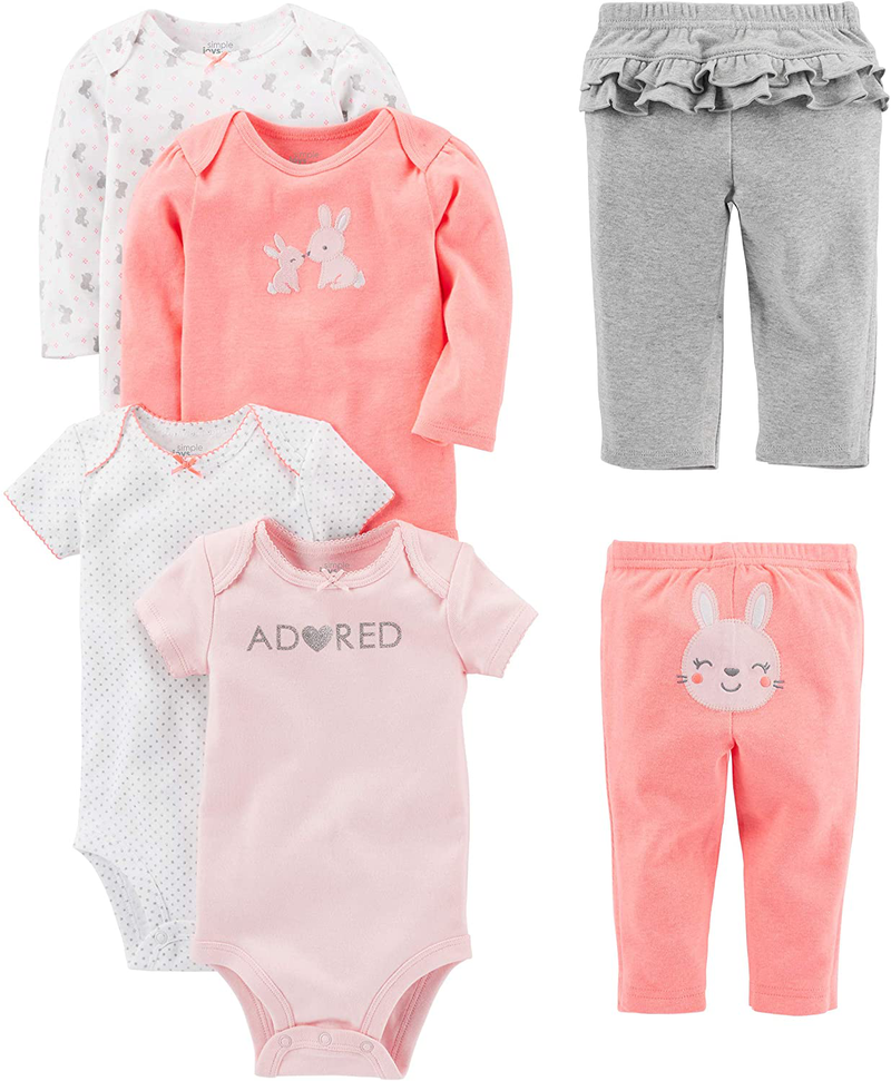 Simple Joys by Carter'S Toddler and Baby Girls' 6-Piece Bodysuits (Short and Long Sleeve) and Pants Set